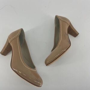 AGL Tan Patent Leather Stacked Wood Heel Pumps womens 38